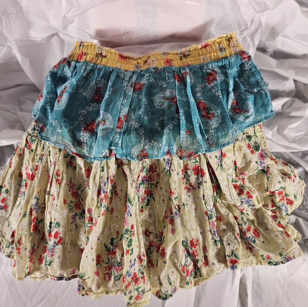 LoveShackFancy Blue and Yellow Ruffled Mini Skirt